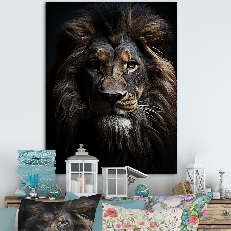 «Black and White Lion Portrait Vibrant II», reproduction d'art sur toile, H 20 po x l 12 po x P 1 po, Toile tendue