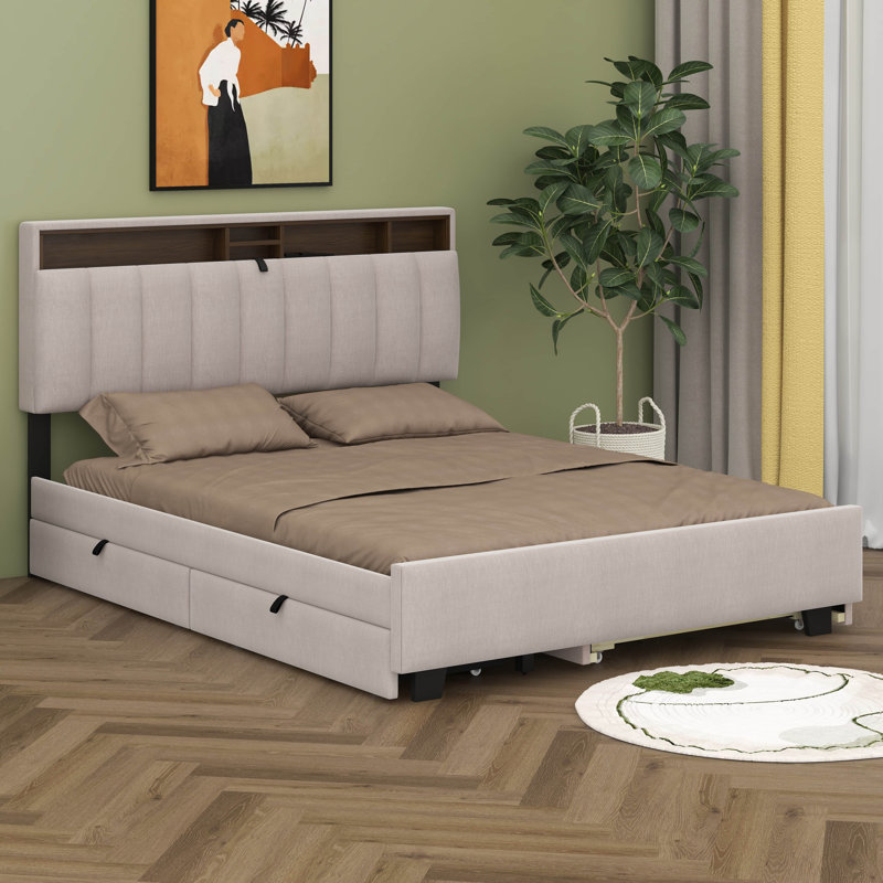 Lit plateforme tapissier avec tête de lit, gigogne et 2 tiroirs Kaosayn, ports USB, Double, gris