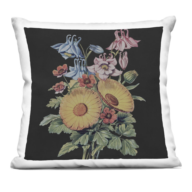 Coussin décoratif imprimé floral Bouquet floral sur fond noir, par Dan Meneely, 18 x 7 x 18, Motif floral noir 2