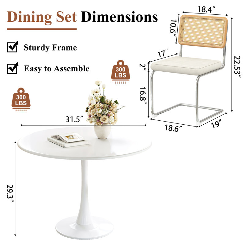 31.5" Round Dining Set, All-Metal Tulip Base,  2 Ergonomic Cantilever Rattan Chairs, White, White
