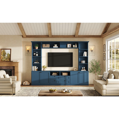Farmhouse Elegant Entertainment Centre Wall Unit with 4 Drawers, Modern Built in TV Stand with Bridge for TVs Up to 70", All-in-One Media Console with Adjustable Shelves for Living Room