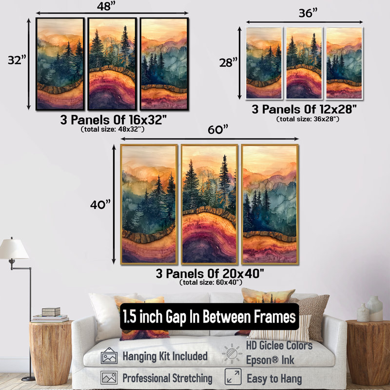 «Color of Giants Tree In A Forest Landscape», ensemble de 3 impressions sur bois, H 40 po x l 60 po, Argent argent