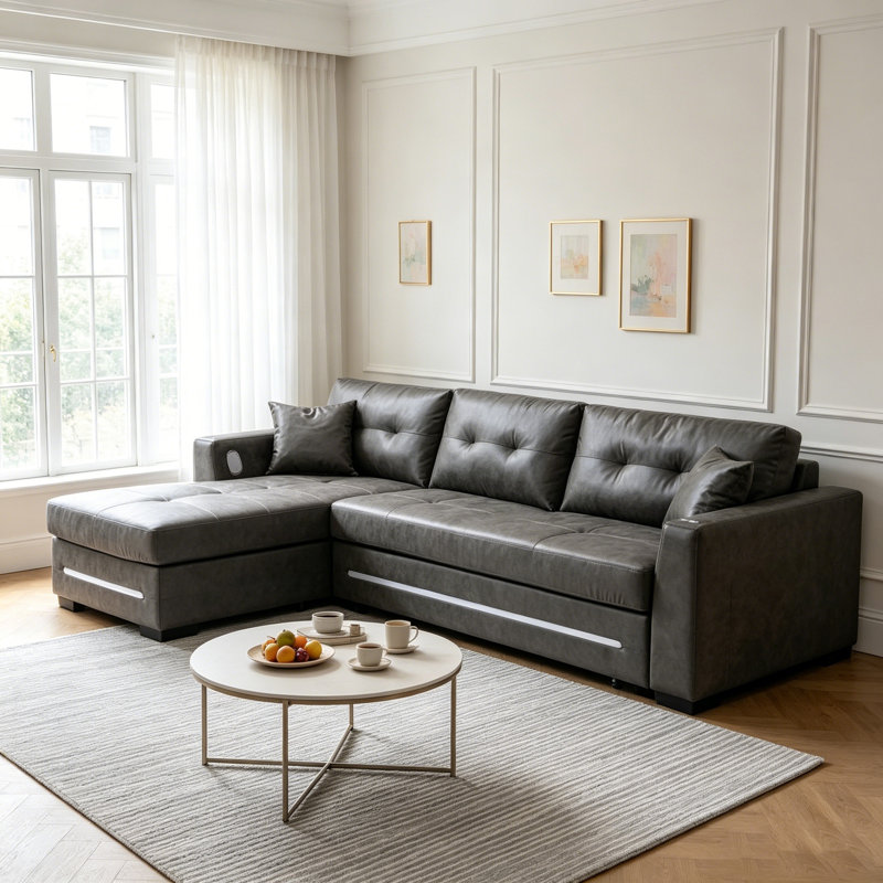 2-in-1 Pull-Out Sleeper Sofa, Leather, Storage, USB & Cup Holders, Dark Gray, Left Hand Facing