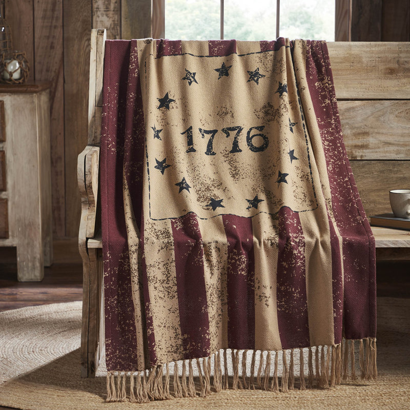 Patriotic Red and Beige Cotton Woven Throw Blanket