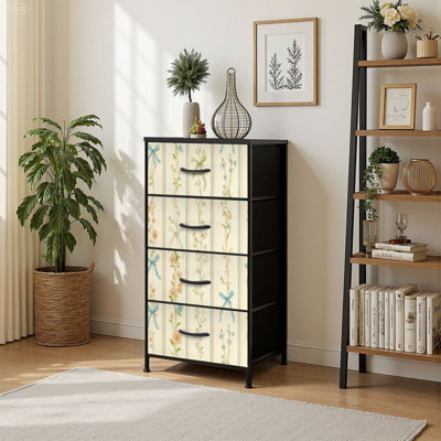 4 Drawer Vertical Storage Dresser Delicate Botanical Striped with Wood Top Fabric Pull Drawers