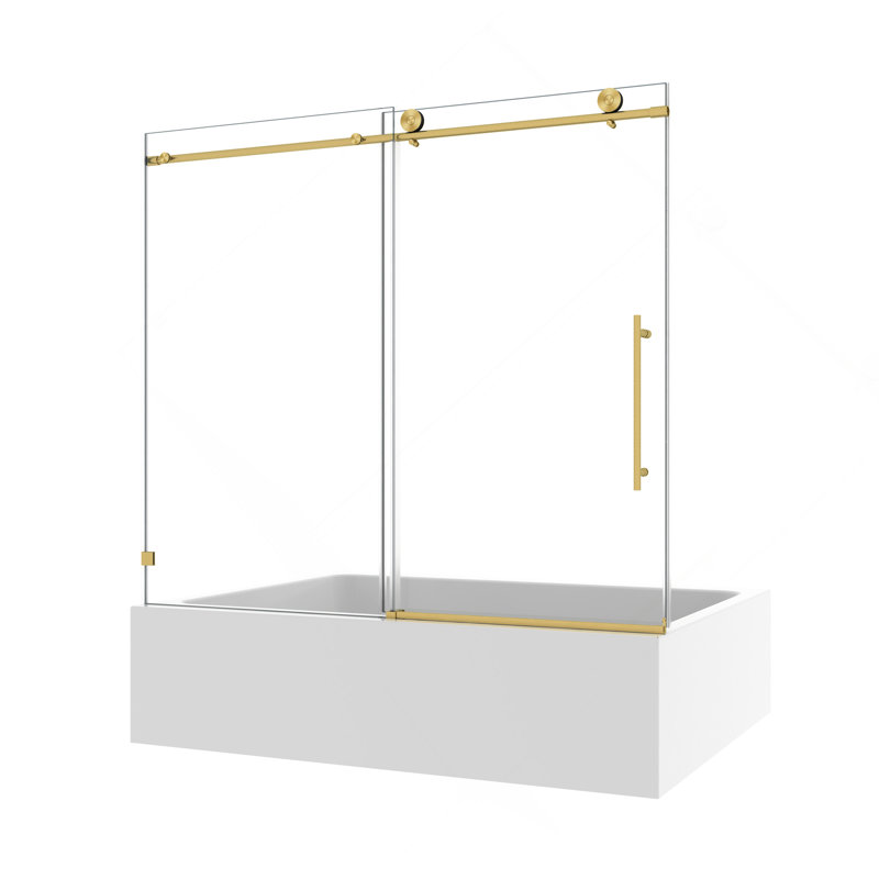 Porte de douche fixe et décalée sans cadre en or brossé, grandes poulies en acier inoxydable 304 de 70 mm avec fonction de fermeture en douceur réglable