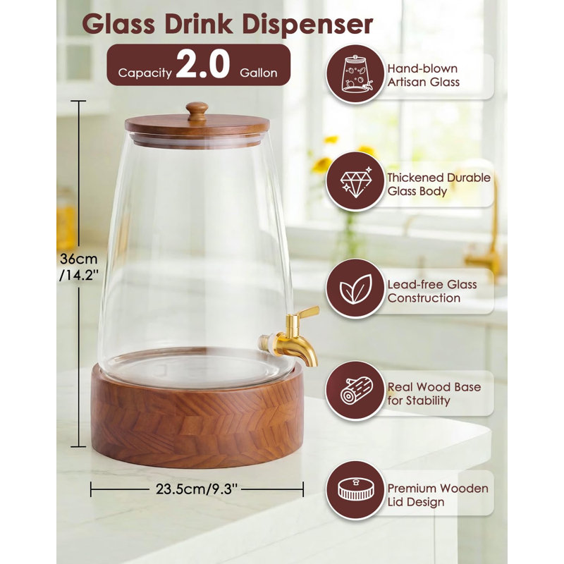 Distributeur de boissons en verre avec robinet, distributeur de boissons avec support, base et couvercle en bois, parfait pour les fêtes et les mariages (brun)