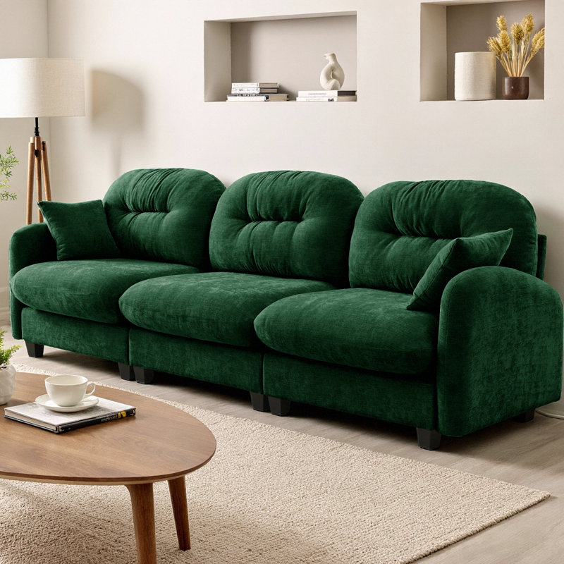Canapé modulaire à trois places en tissu chenille doux avec dossier capitonné, mousse à haute densité et coussin à ressorts, conception ergonomique et base en bois