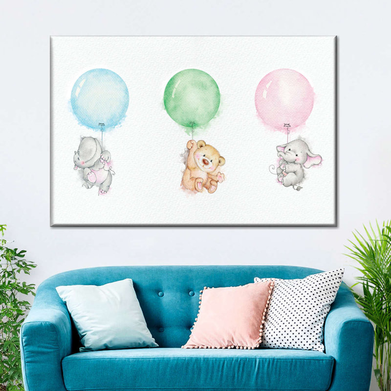 Bébés animaux tenant des ballons sur toile, H 8 po x l 12 po x P 1 po