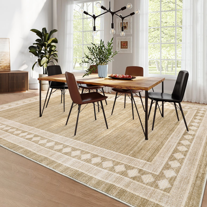 Washable Living Room Rug 8x10 Area Rugs with Non Slip Backing, Modern Geometric Diamond Border Pattern Foldable Soft Carpet, Low Pile Stain Resistant Floor Mats for Home Decor, Camel