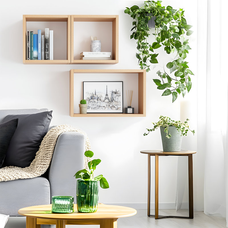  Ensemble de 3 tablettes murales cubiques flottantes pour la découverte de l'espace, noyer clair, Noyer clair