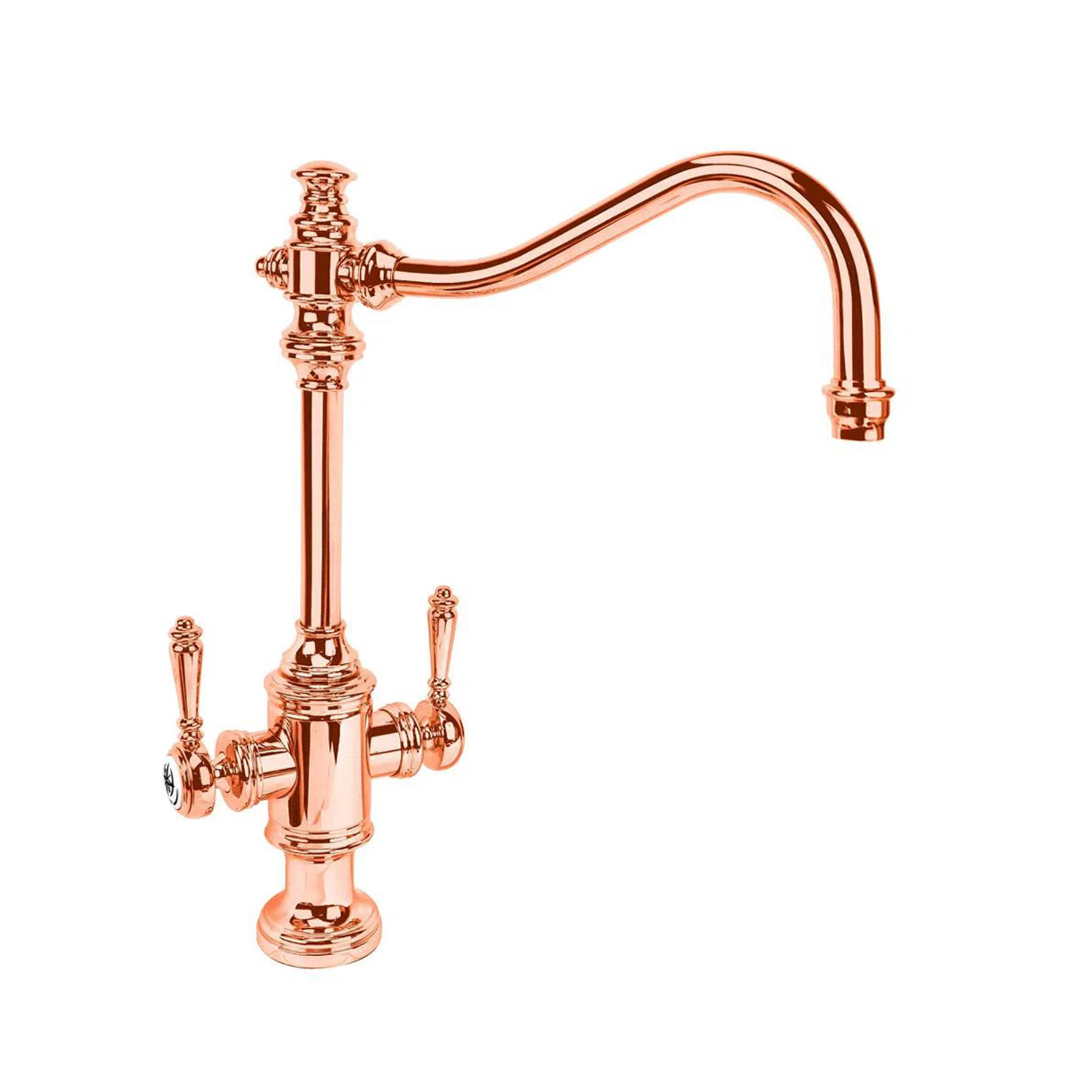Traditional bridge-style kitchen faucet in a polished copper finish with two lever handles and a high-arch swivel spout.