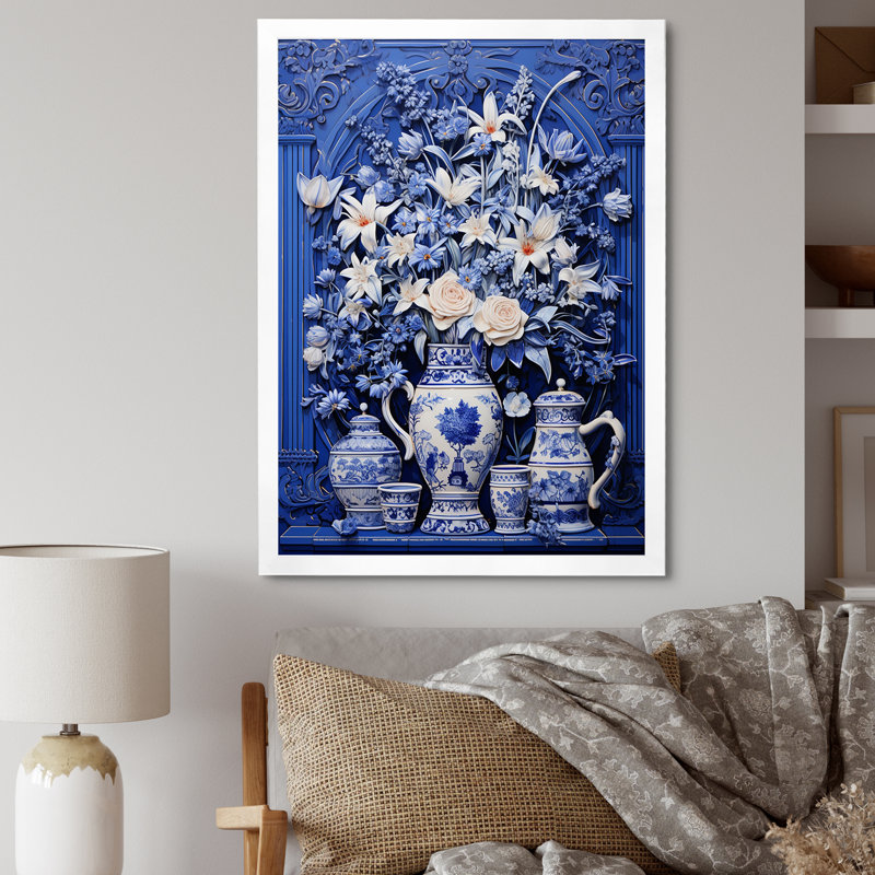 Bleu et blanc Boho Plant Pottery III - Boho Pottery, art mural, H 44 po x l 34 po x P 1,5 po, Cadre simple blanc