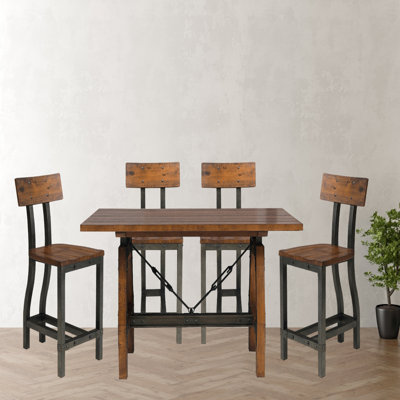 Rustic Brown and Gunmetal Finish Dining Set Counter Height Table And 4x Counter Height Chairs Industrial Design Wooden Dining Furniture