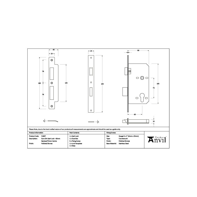 Euro Din Sash Lock, Polished Bronze