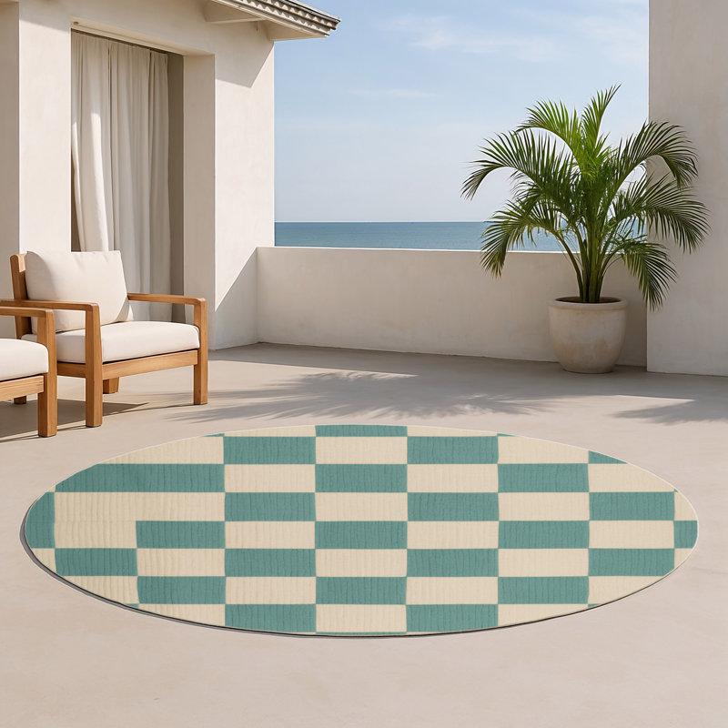 Tapis d'intérieur et d'extérieur à carreaux beige, Rond 5 pi