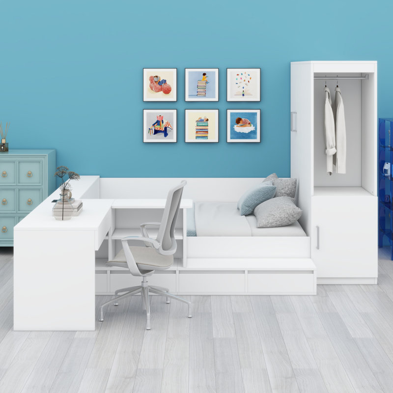 Lit plateforme en bois avec tiroirs, tablettes, bureau et garde-robe, Blanc