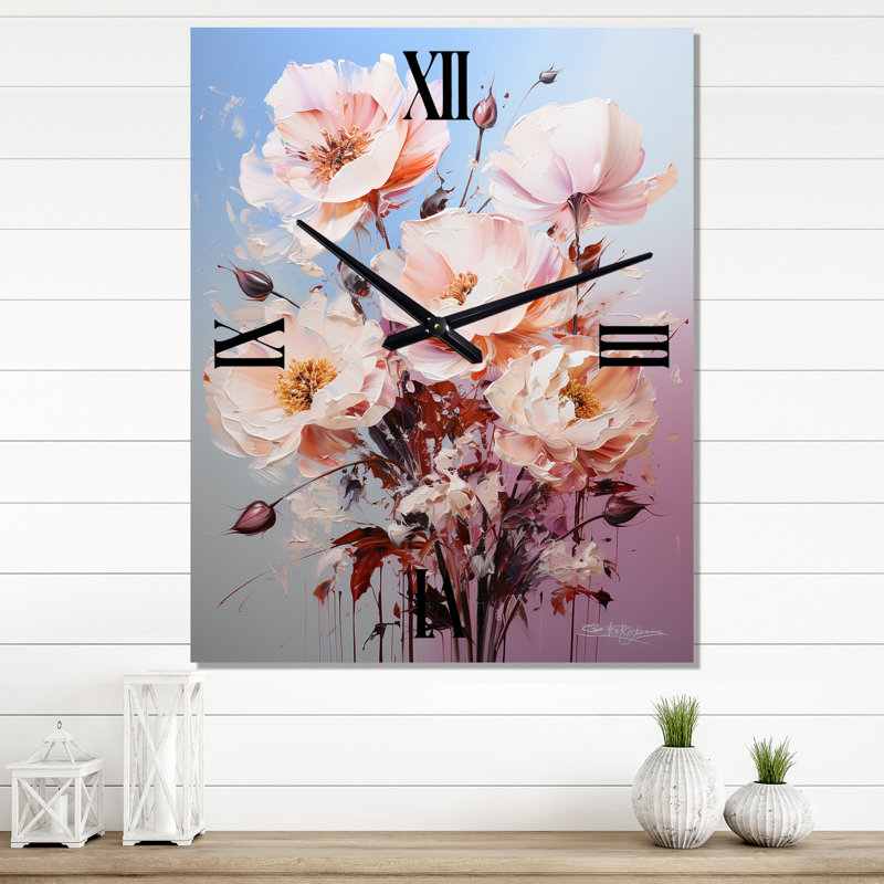 Horloge murale sur fond rose avec roses roses Burgeon, Grand