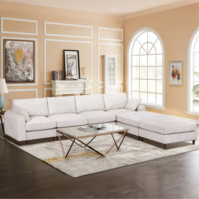Modulaire en velours côtelé en L convertible en forme de U avec coussin et repose-pieds, spacieux pour le salon - canapé modulaire surdimensionné beige