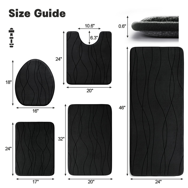 Ensemble de tapis de bain en mousse viscoélastique 5 pièces avec envers antidérapant et haute capacité d'absorption, Noir