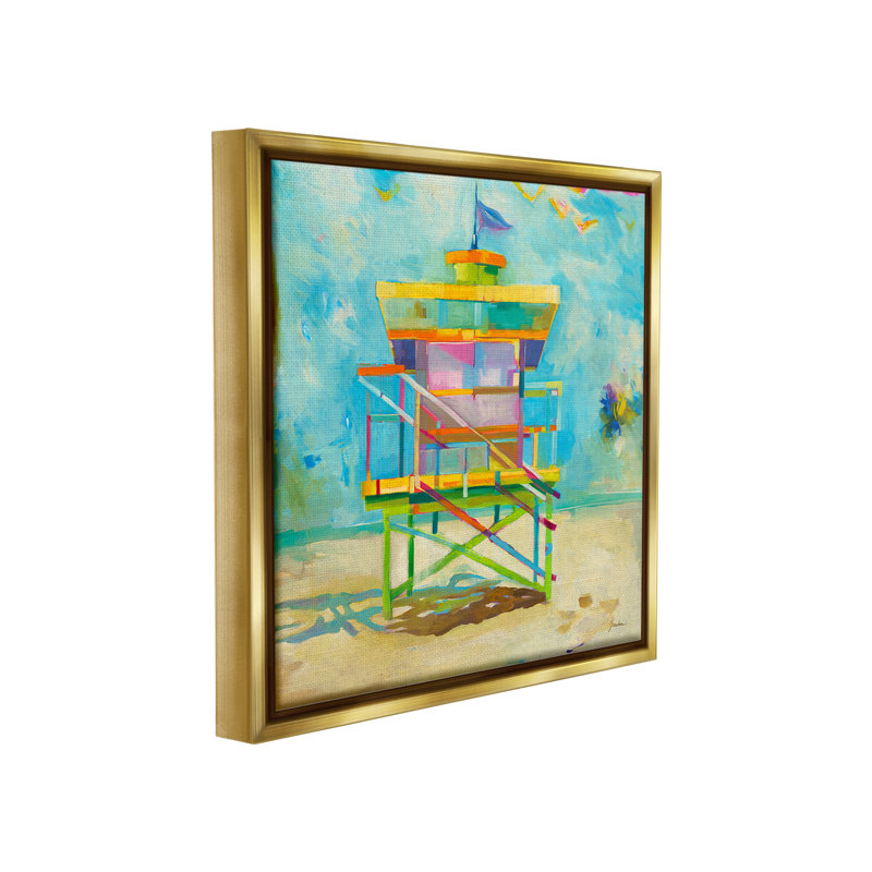 «Modern Lifeguard Hut Floater Frame» par Liz Jardine sur toile, Cadre flottant métallique doré, H 18 po x l 18 po
