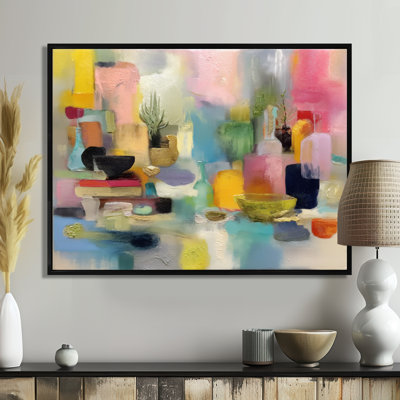 Pink Minimalism Painting With Shapes Of Yellow - Geometric Framed Canvas Print, Pink Modern Wall Art
