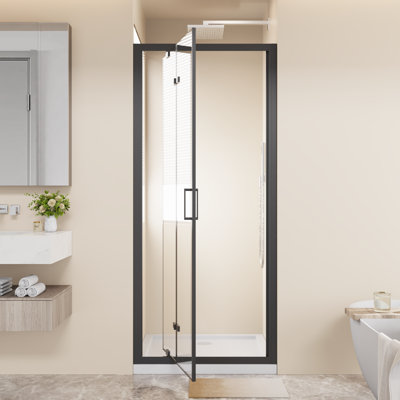 Framed Bi-Fold Pivot Shower Door Space-Saving Folding Shower Enclosure, 1/4" Clear Tempered Glass With Stainless Steel Handle, Reverible Installation, Black