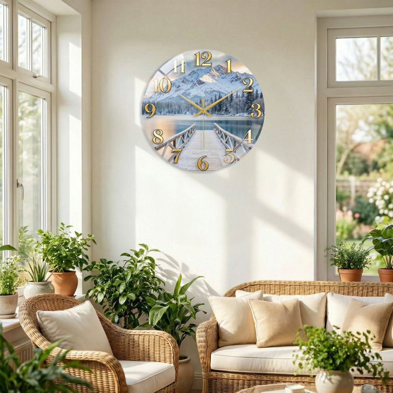 «Mountain Lake», horloge murale en verre, 40 x 40 cm (15,7 x 15,7 pouces)