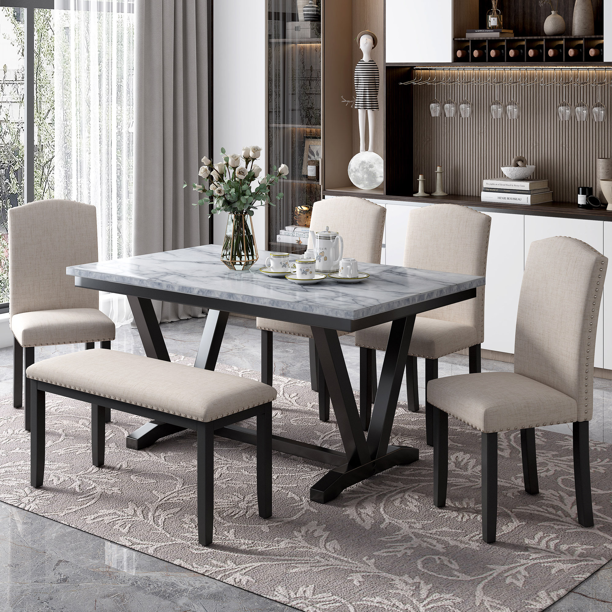 Dining table 4 2025 chairs 1 bench