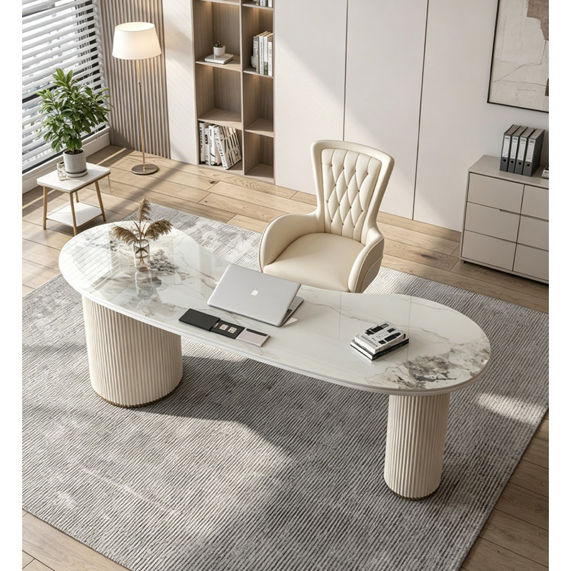 Bureau moderne en marbre blanc minimaliste avec base cannelée
