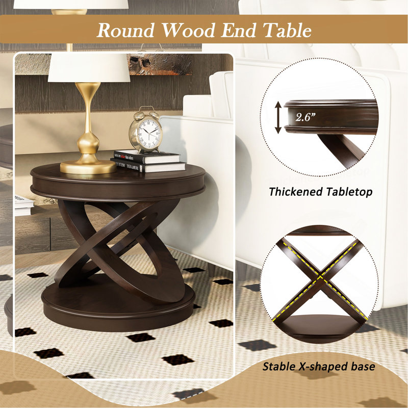 Table de bout ronde en bois rétro, table d'appoint avec base en X pour salle à manger ou salon en famille.  Espresso