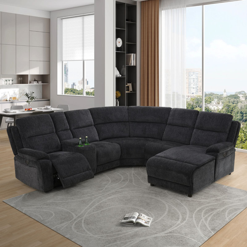 Ensemble de canapé inclinable fonctionnel en tissu chenille gris et noir 6 pièces