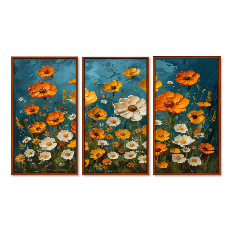 Jaune jaune blanc Summer Meadow Marigolds II - ensemble de décorations murales souci, Toile avec cadre flottant brun