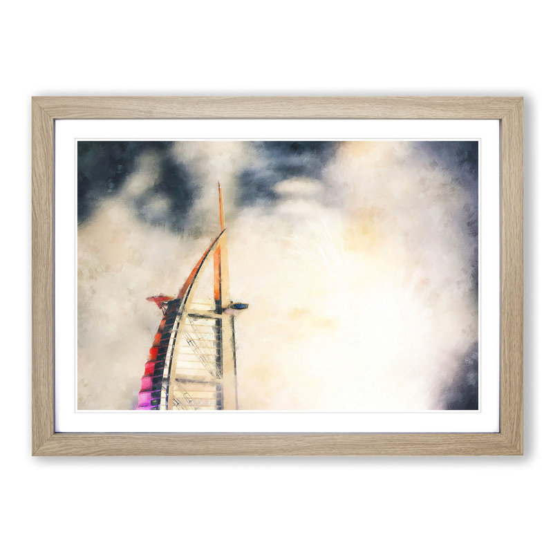 Burj Al Arab Hotel In Dubai Painting - Single Picture Frame Print on MDF, Oak, 24cm H x 33cm W x 2cm D