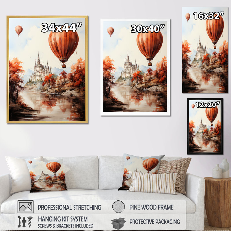 «Castle Hot Air Balloon Flight II», reproduction sur toile, Encadrement doré, H 20 po x l 12 po x P 1 po