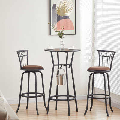 3-Pcs Industrial Bar Table Set, Swivel Upholstered Counter Height Bar Chairs w/ Metal, Antique Brown