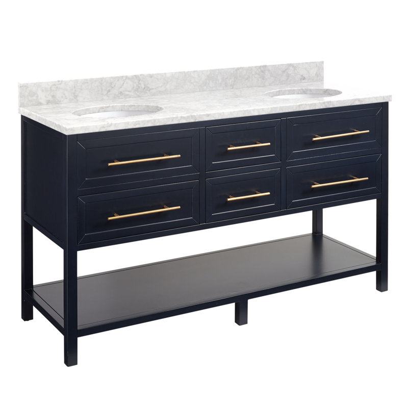 60" Robertson Double Bathroom Vanity Set with Oval Undermount Sinks, Carrara Marble, 8" Widespread, Midnight Navy Blue