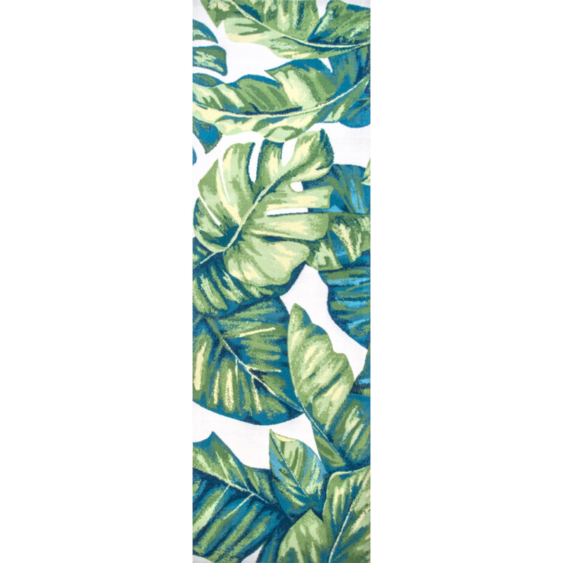 Commer Tropical Leaf Green Indoor/Outdoor Patio Rug, Runner 2'6" x 10'