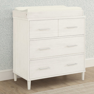 Classic 4 Drawer Dresser With Changing Top And Interlocking Drawers, Antique White