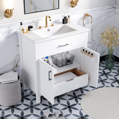 Meuble-lavabo de 30 pouces avec lavabo en céramique et nombreuses tablettes pour les accessoires essentiels - Optimisez votre efficacité. Bois massif. Bassin à finition blanche classique avec beaucoup d'options de rangement.