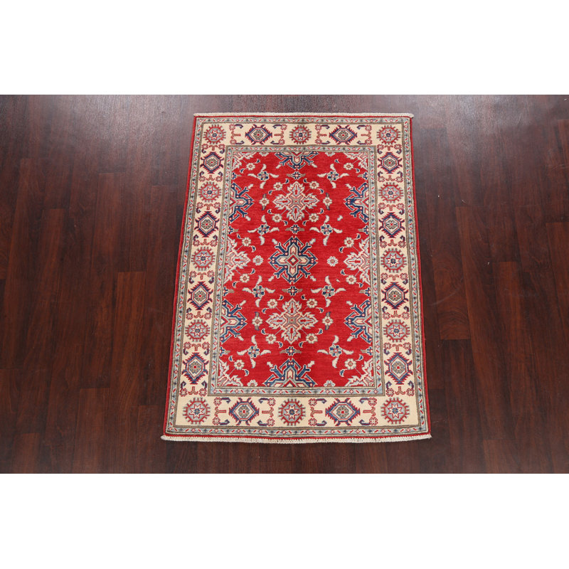 Tapis rouge / ivoire / bleu marine en laine noué à la main 3 pi 5 po x 4 pi 10 po