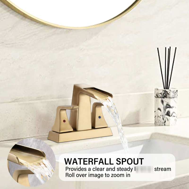 Robinet de lavabo pour salle de bain à deux poignées en or brossé avec cascade de 4 pouces - Matériau en laiton massif pour une durabilité réglable La cartouche en céramique à poignées doubles à température et à eau est incluse