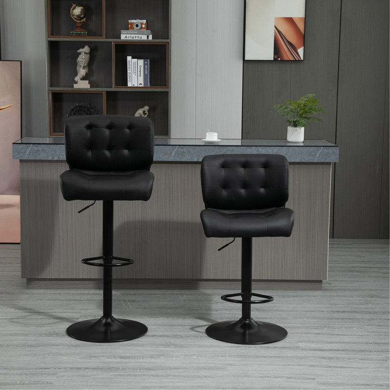 Ensemble de 2 tabourets de bar avec siège réglable, coussin rembourré épais et repose-pieds en métal, noir