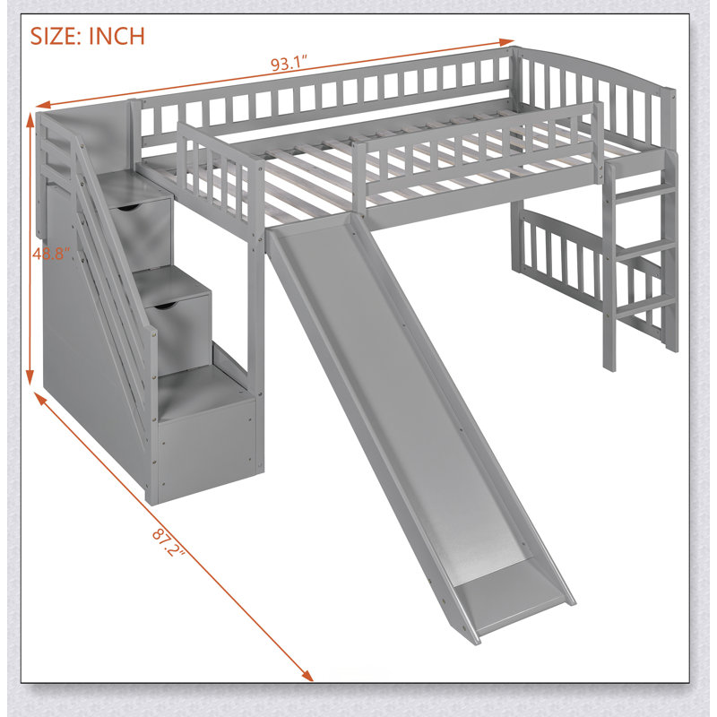 Stairway Loft Bed With Two Drawers And Slide, Gray