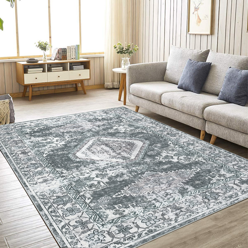Boho Traditional Medallion Distressed Design Living Room Rugs Soft Rug for Bedroom Washable Stain Resistant Area Rug Indoor Easy Care Low Pile Non Slip Throw Carpet Home Decor Rug