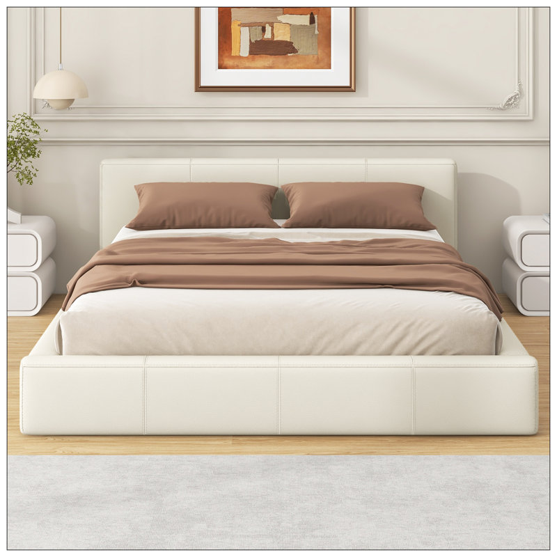 Lit tapissier beige, double, Complète