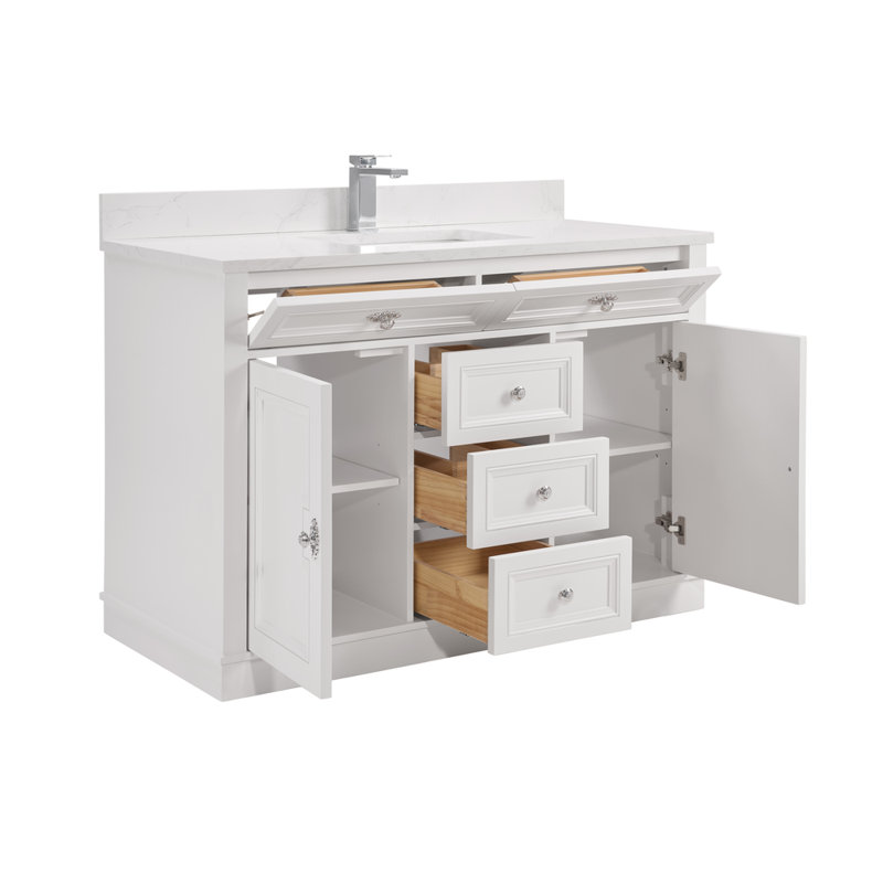 48" Solid Wood Sink Vanity  With 1' Artificial Stone Top, Polished Chrome, White