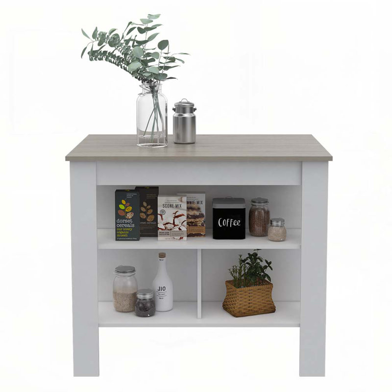  Table pour îlot de cuisine avec tablettes de rangement ouvertes et poste de travail Brooklyn, Blanc, Gris clair