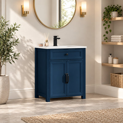 Meuble-lavabo sur pied de style milieu du siècle avec rangement, 70,3 cm (27,69 po) de largeur, bleu