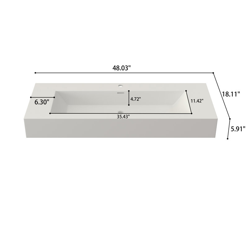 48'' Rectangular Stone Resin Bathroom Sink Wall-Mounted Vessel Sink